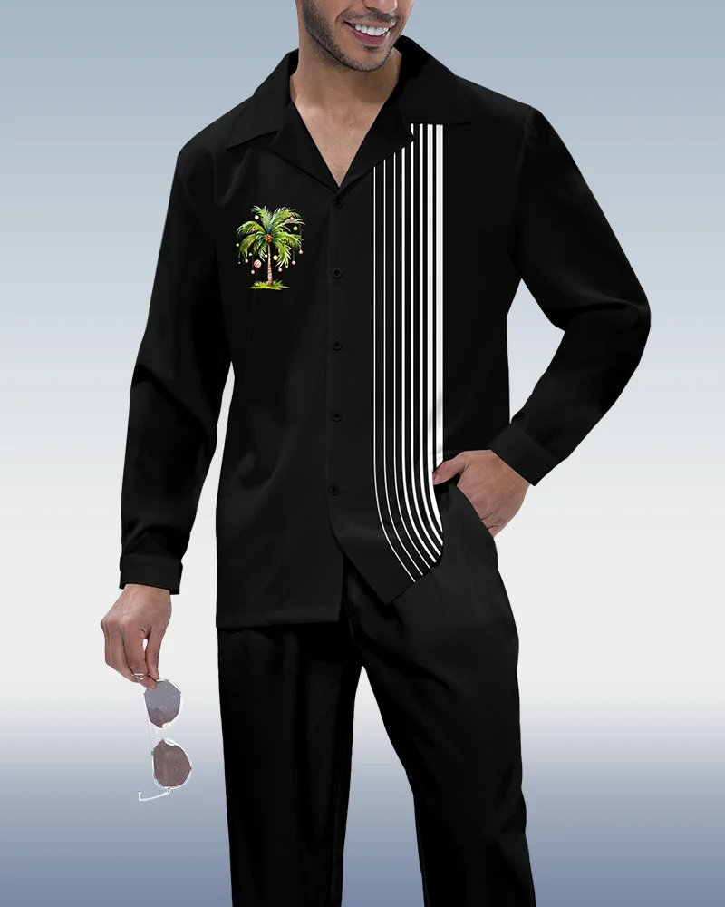 Men's Christmas Vertical Stripe Print Long Sleeve Shirt Walking Suit 339