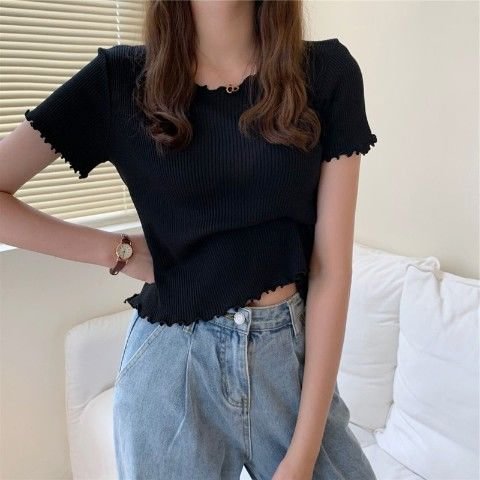 T-shirts Women Summer Lovely Korean Preppy Style Basic Edible Tree Fungus Sweet Girl Solid Tops Thin Knitted Short Sleeve Skinny