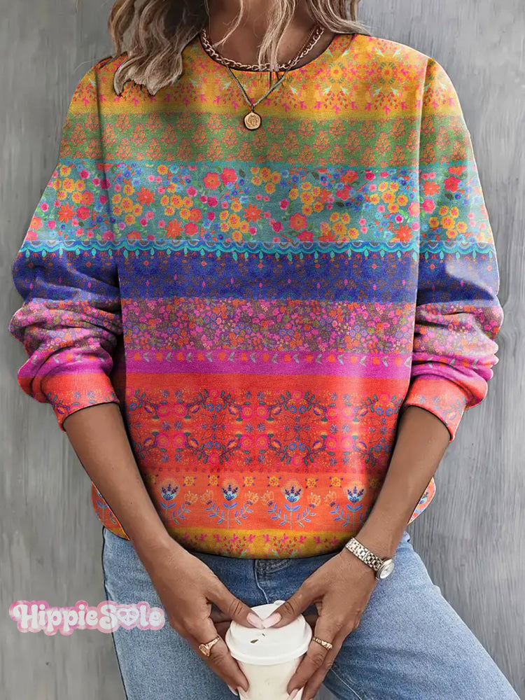 Colorful Stripes Floral Print Casual Sweatshirt Multicolor / S