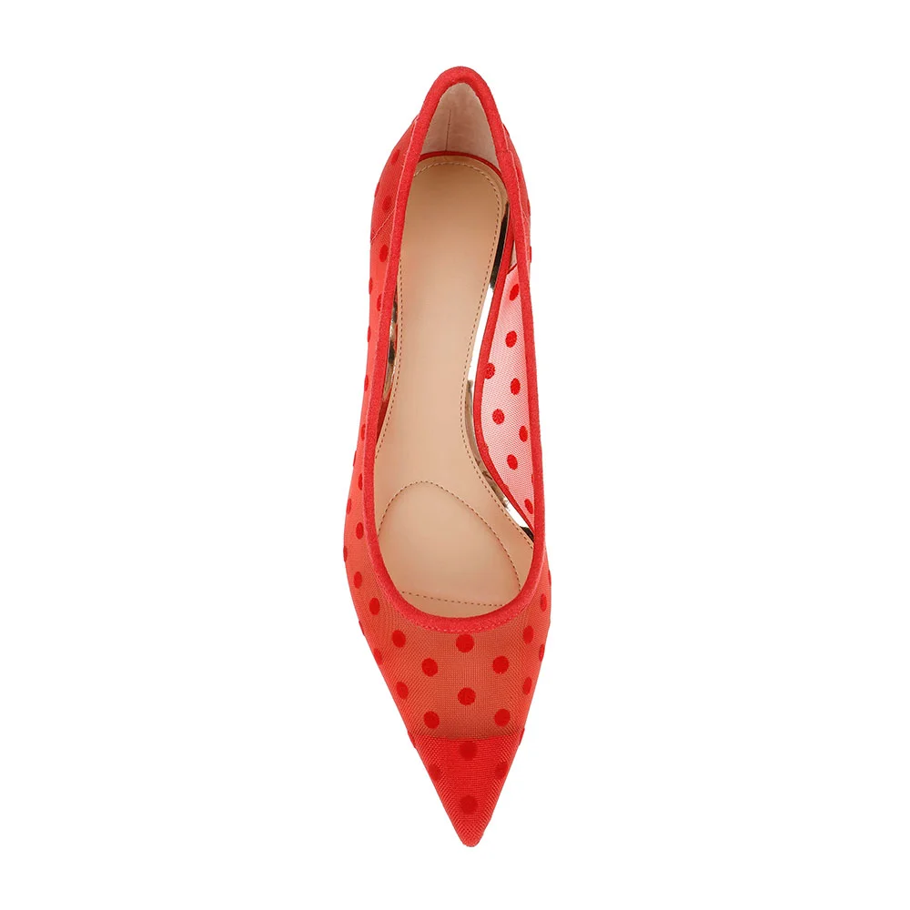 Women's Comfy Mesh Pointed Toe Polka Dot Red Heels Pumps Shoes