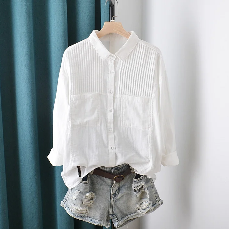 Women‘s Button Down Pleated Casual Cotton Linen Shirt