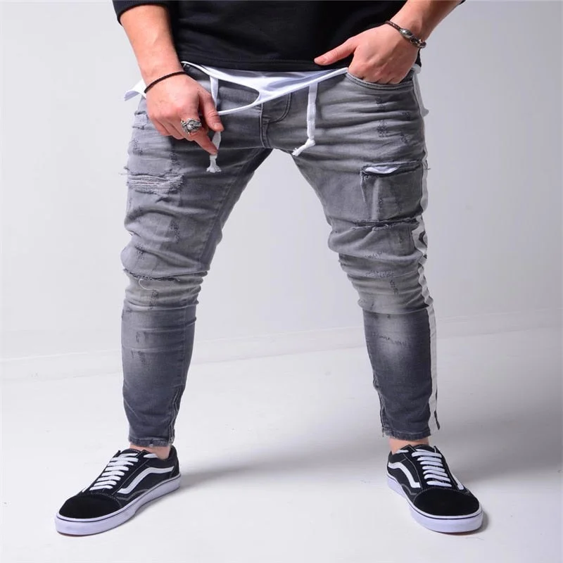 2020 NWE Men's Skinny Straight Ripped  Biker Destroyed Frayed Fit Denim Ripped Denim Pants Side Stripe Pencil Pants Hip Hop