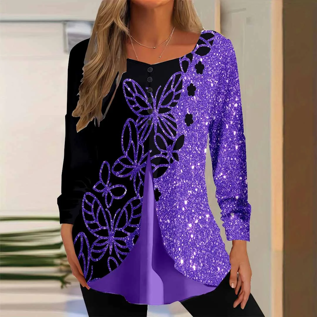 Women Graphic,Purple DZGG8162 Long Sleeve Scoop Neck Printed Graphic Button Fake 2in1 Tops