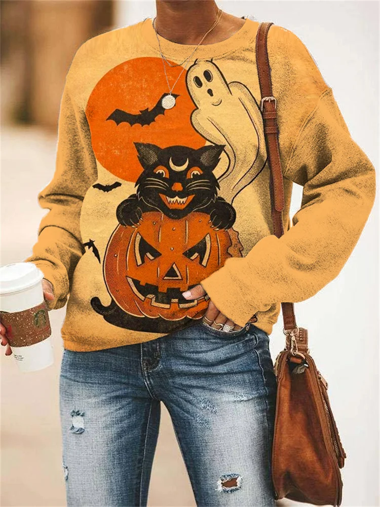 Vintage Halloween Spooky Black Cat Sweatshirt