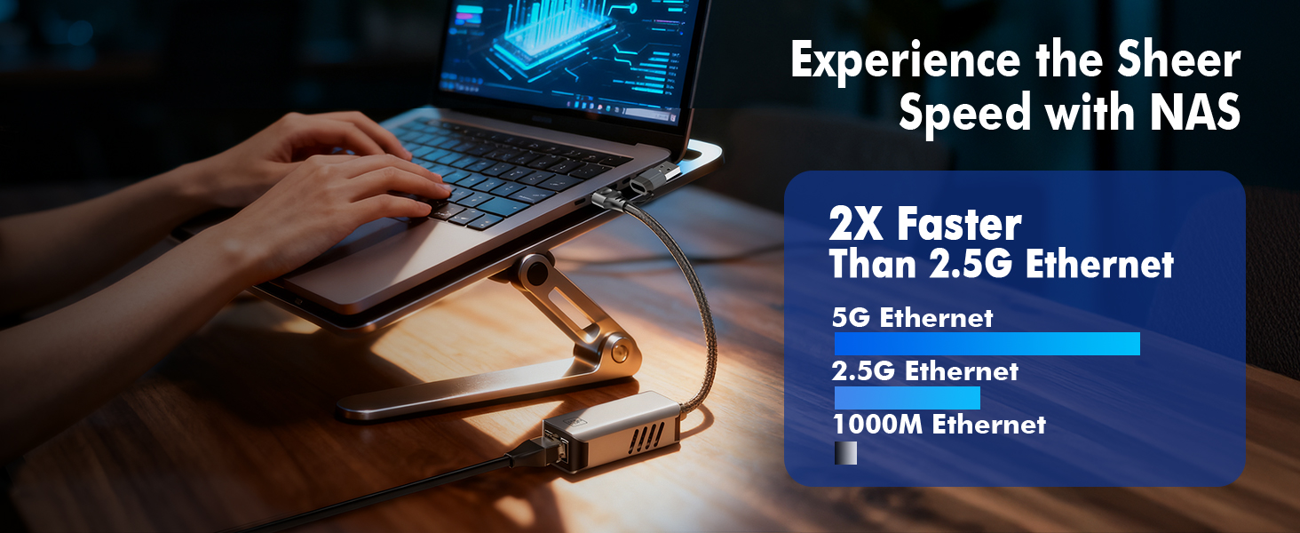 This 5Gbps USB-C to RJ45 network adapter is 2x faster than 2.5Gbps network speeds.