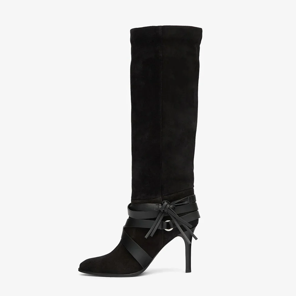 Black Pointed Toe Stiletto Heel Cross Strap Knee High Boots with Ring