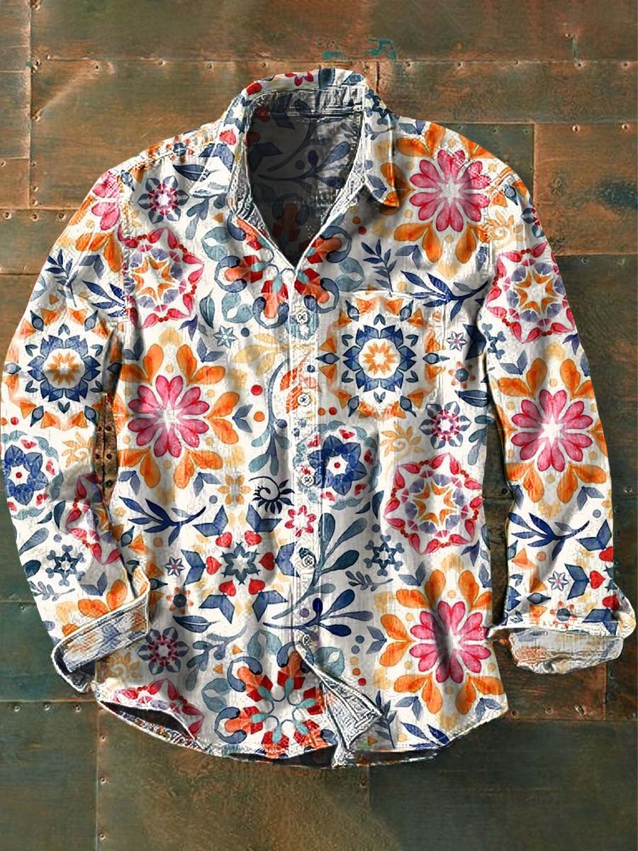 Men's Vintage Floral Print Casual Lapel Long Sleeve Shirt