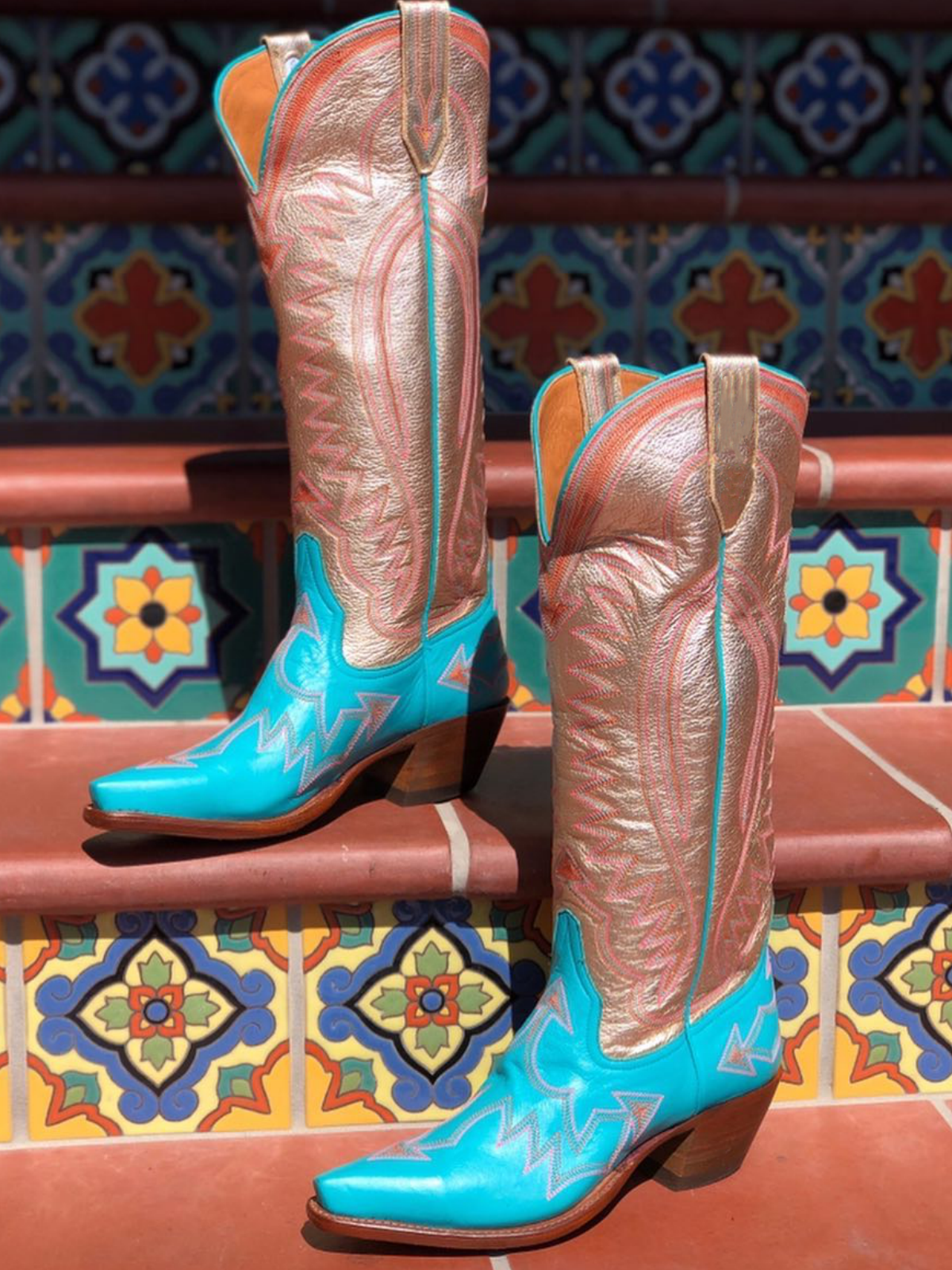 Taafo Contrast Blue And Metallic Rose Gold Snip-Toe Embroidery Wide Mid Calf Tall Cowgirl Boots