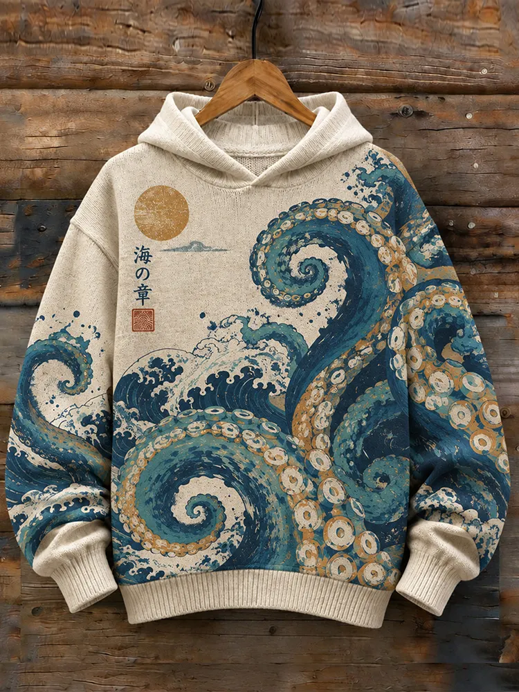 Comstylish Vintage Japanese Ukiyo-e Octopus Wave Hooded Sweater