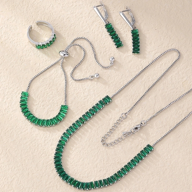 304 Stainless Steel Copper Rhodium Plated Minimalist Shiny Inlay Geometric Rectangle Zircon Rings Earrings Necklace