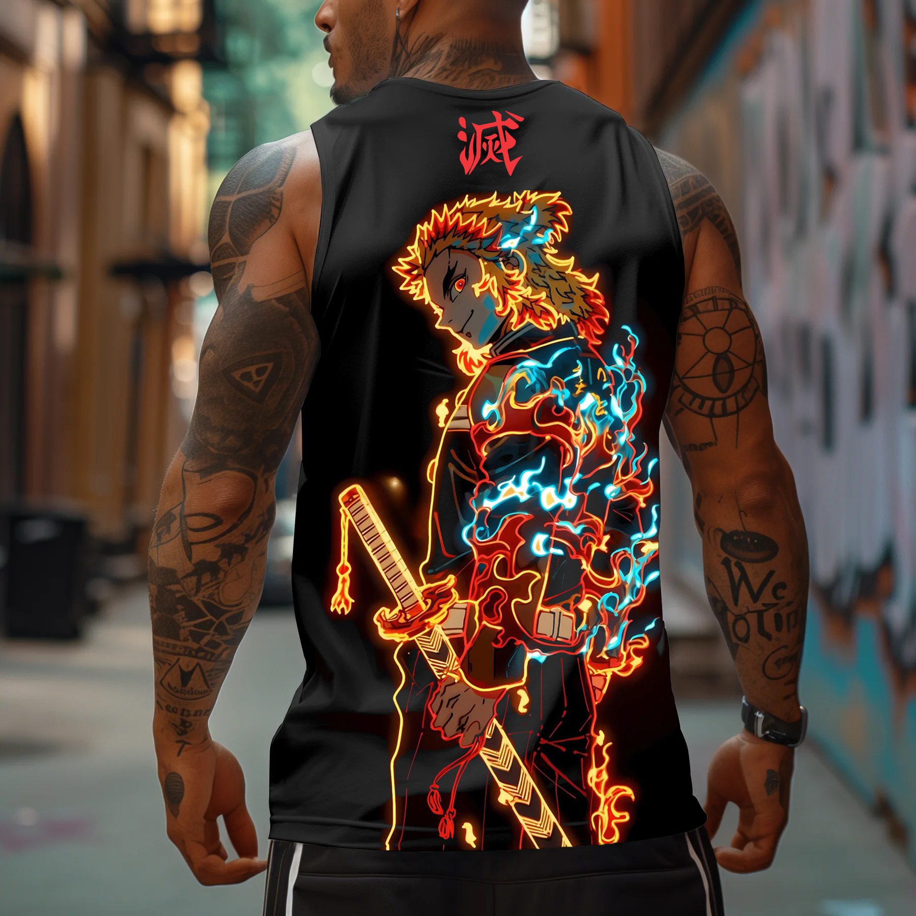 Men's Sports Fitness Fighting Hot-blooded Anime Logo Printed Casual Vest / TECHWEAR CLUB / Techwear
