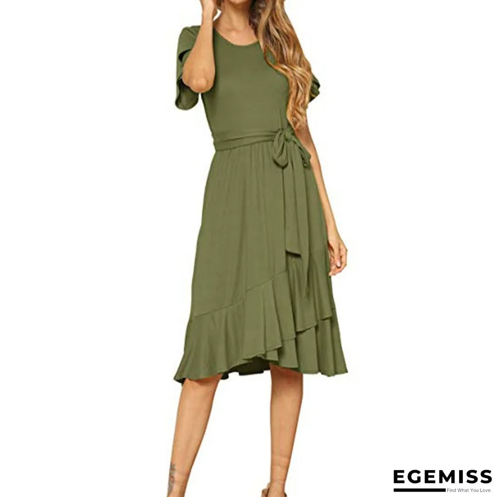 Belt Slim Round Neck Short Sleeve Long Skirt | EGEMISS