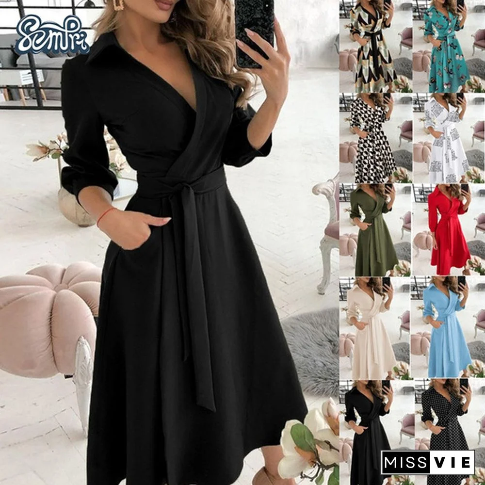 Fashion V-neck Print Dress Summer Casual Dress Belt Lace Up Party A Line Prom Dress Long Sleeve Ladies Tunic Dress