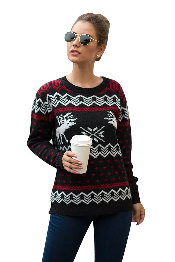 Christmas Snowflake Reindeer Sweater Black-elleschic