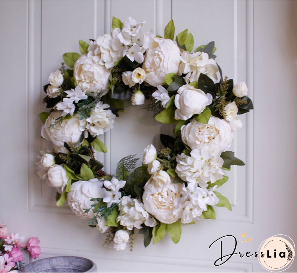 40cm Handmade White Peony Wreaths Simulation Flower Wreath Garlands for Wedding Door Decoration