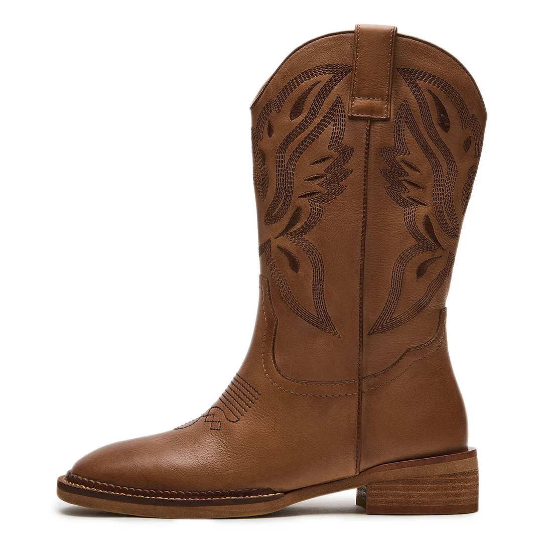 Vegan Leather Square Toe Brown Embroidered Pull-On Cowgirl Boots