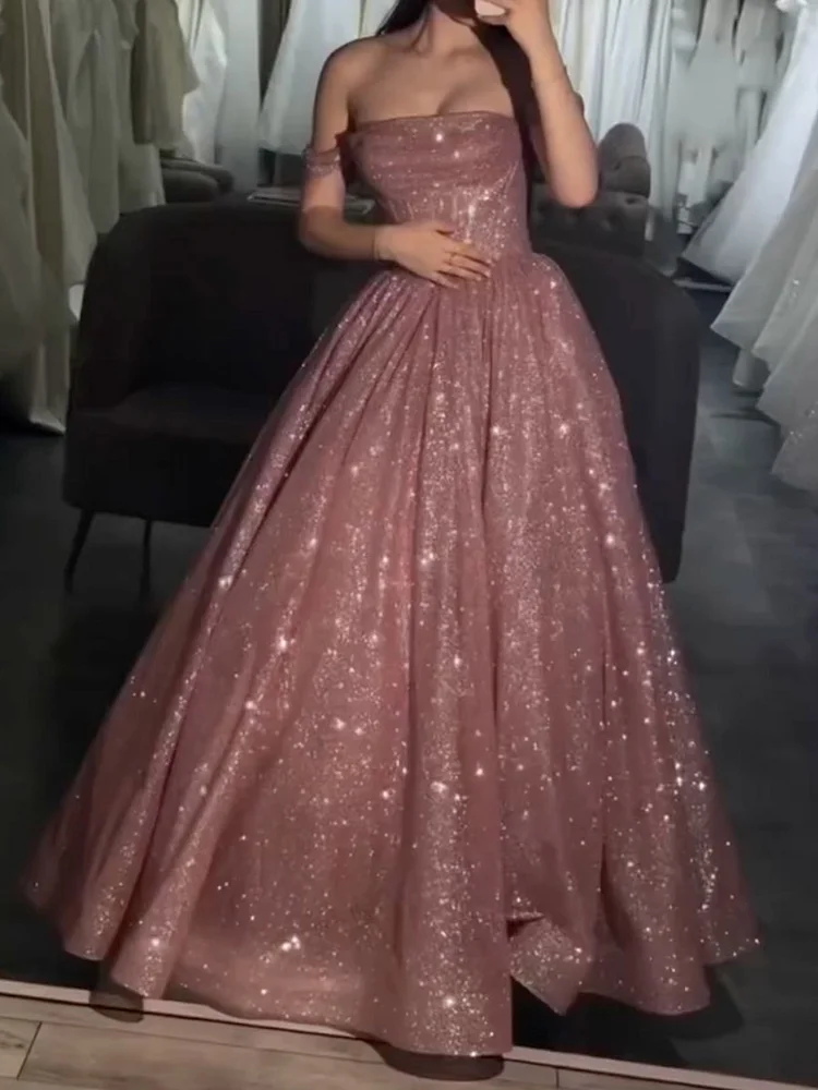 One-Shoulder Short Sleeves Shiny Sequinned Mesh Maxi Dresses Party Dresses