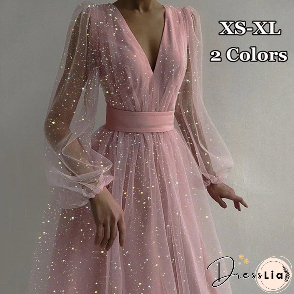 New Fashion Flare Glitter Cute Princess Dress Women's Deep V-Neck Gauze Long Sleeve High Waist Party Dresses Prom Dress Vestidos