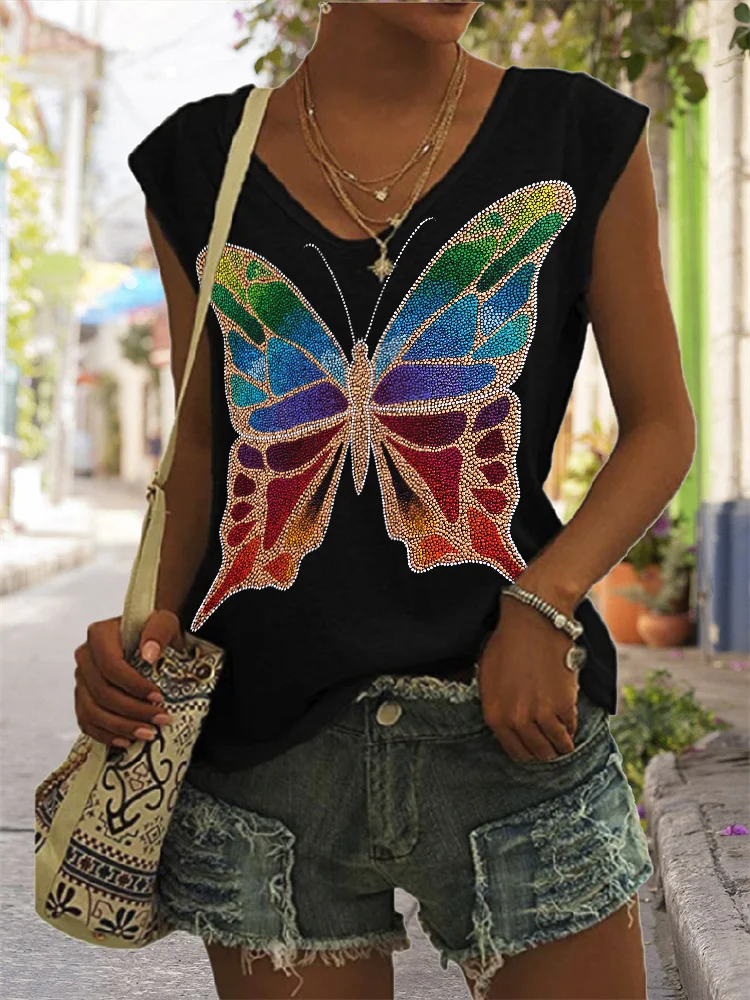 Elegant Rainbow Butterfly Art V Neck Tank Top