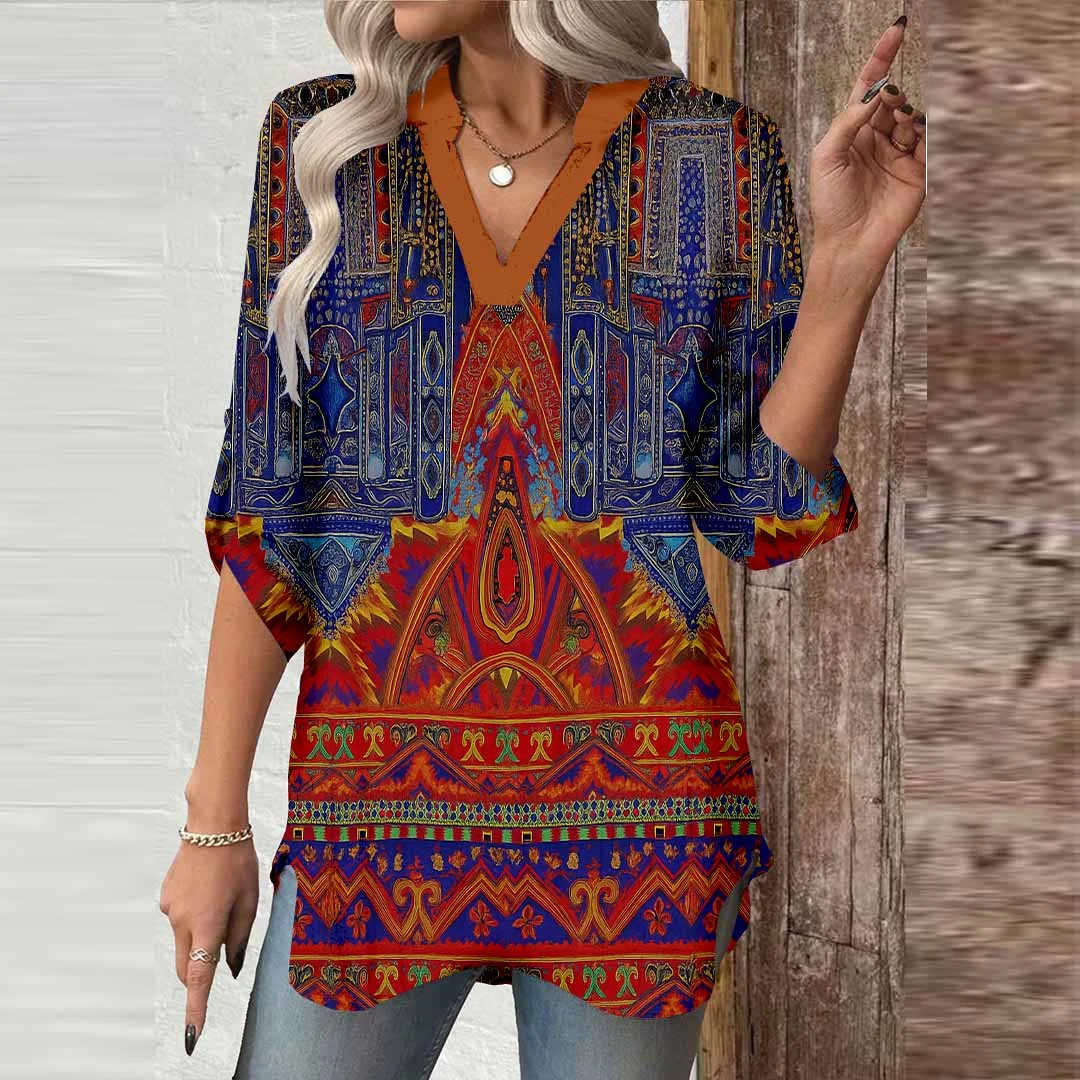Women Bohemian, Ethnic, Orange DZGA0477 3/4 Sleeve V-neck Printed Graphic Button Tops
