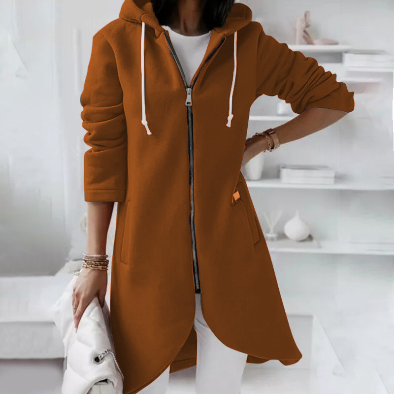 Aquavibeshop Autumn Women Long Hoodies Sweatshirt Coat Zip Up Solid Hooded Jacket Winter Casual Pockets Outwear Female Long Jackets