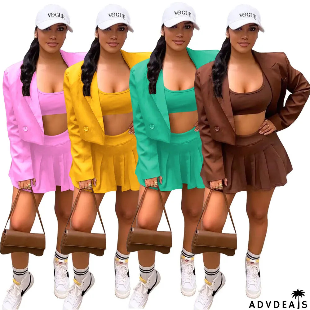 Autumn And Winter Casual Blazer Short Undershirt Pleated Skirt Solid Color Suit