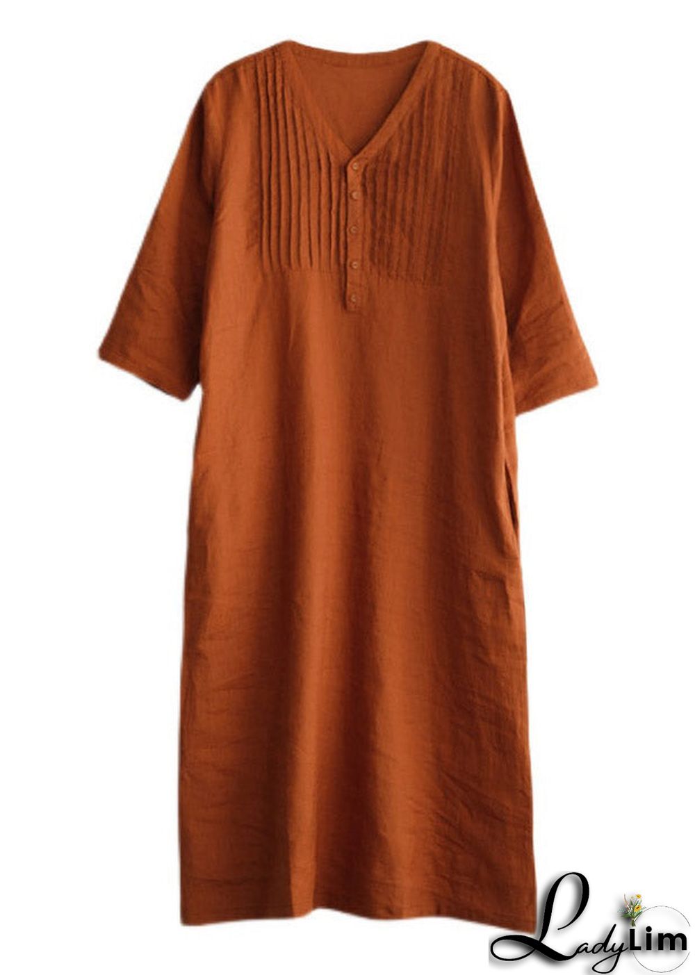 Grey Print6 Loose Linen Long Dresses Button Solid Half Sleeve