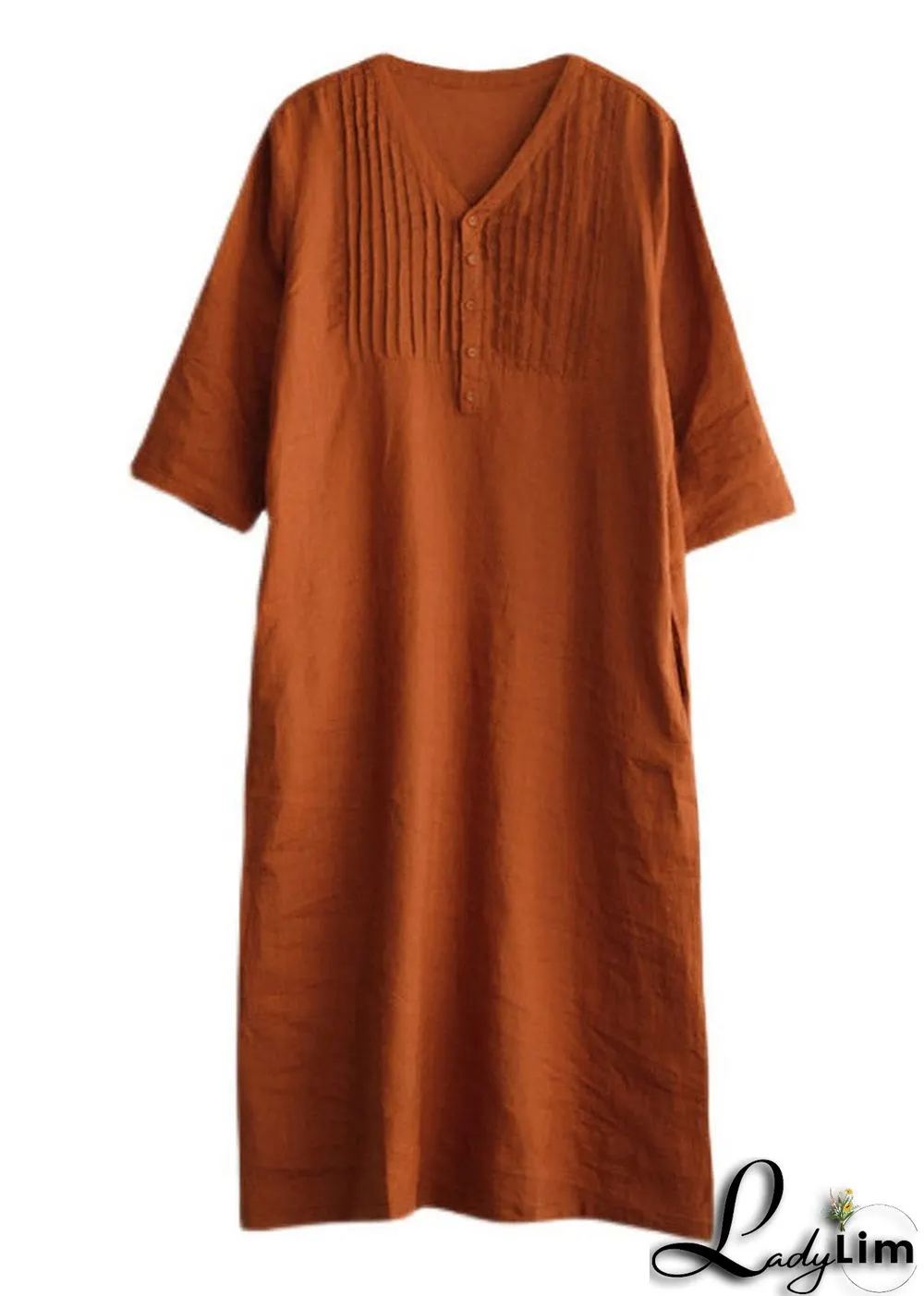 Grey Print6 Loose Linen Long Dresses Button Solid Half Sleeve