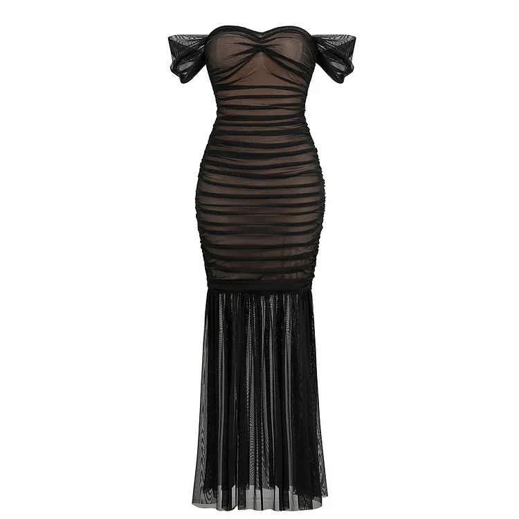 Off-the-shoulder Tube Top Stitching See-through Mesh Pleats Long Dress