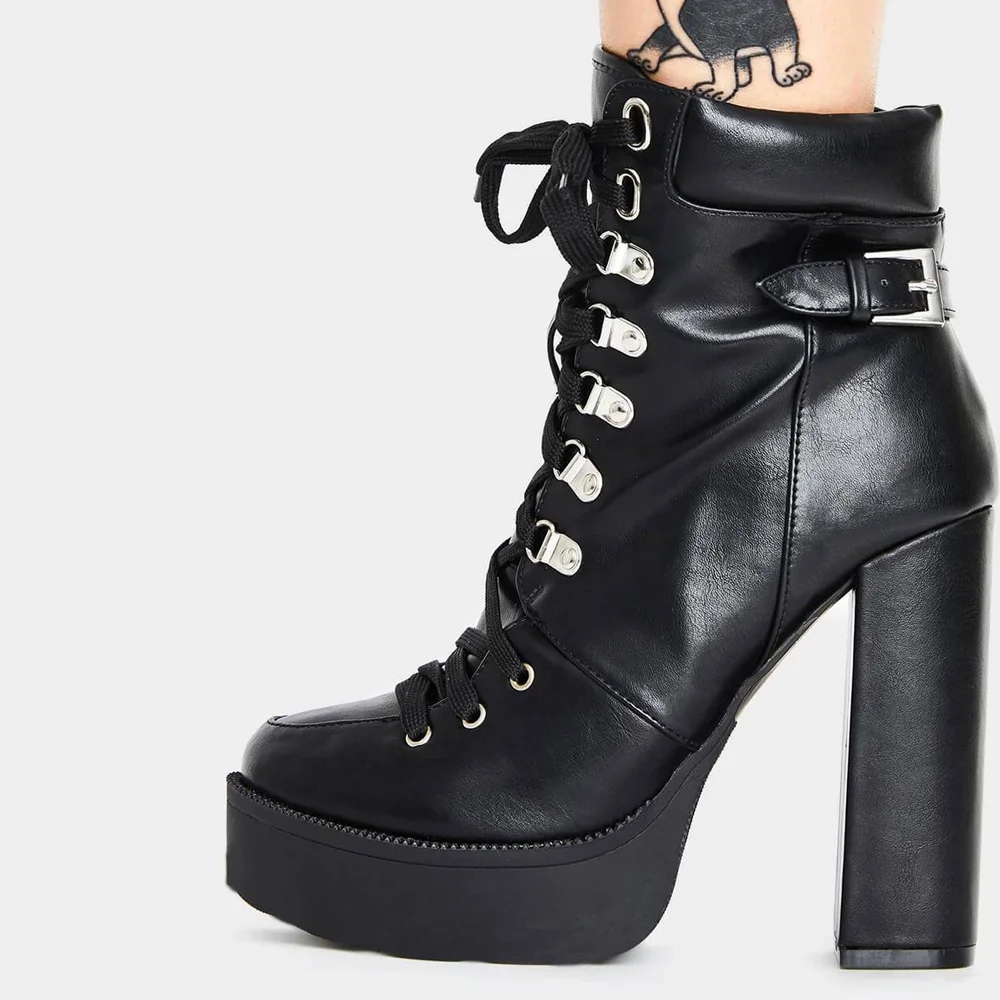 Chunky Heels Leather Booties Black Strap Ankle Boots With Platform Nicepairs