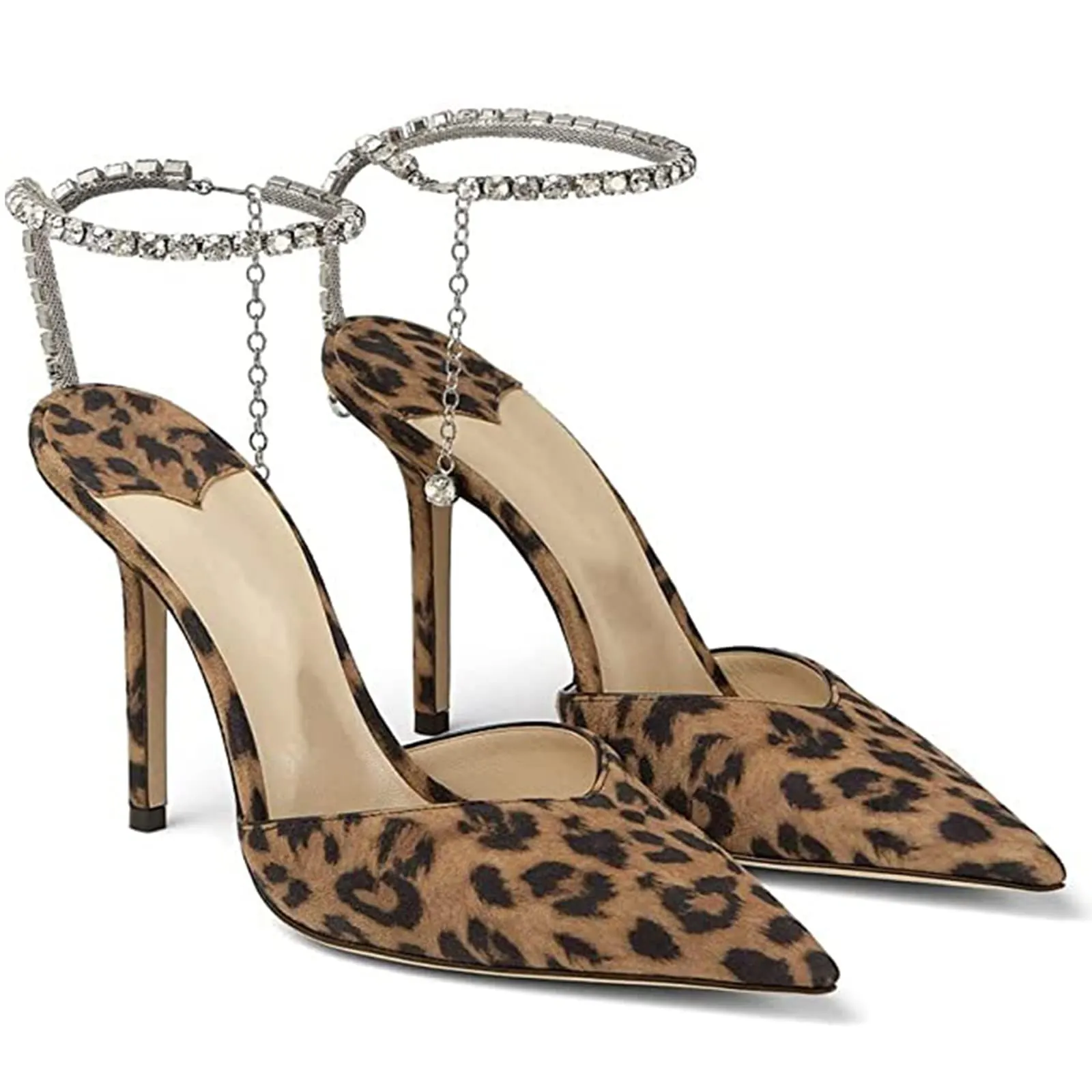 100mm Women's Sandals Crystal Chain Rhinestone Embellished Strap Suede Pumps Pointy Stilettos Backless Shoes-vocosishoes