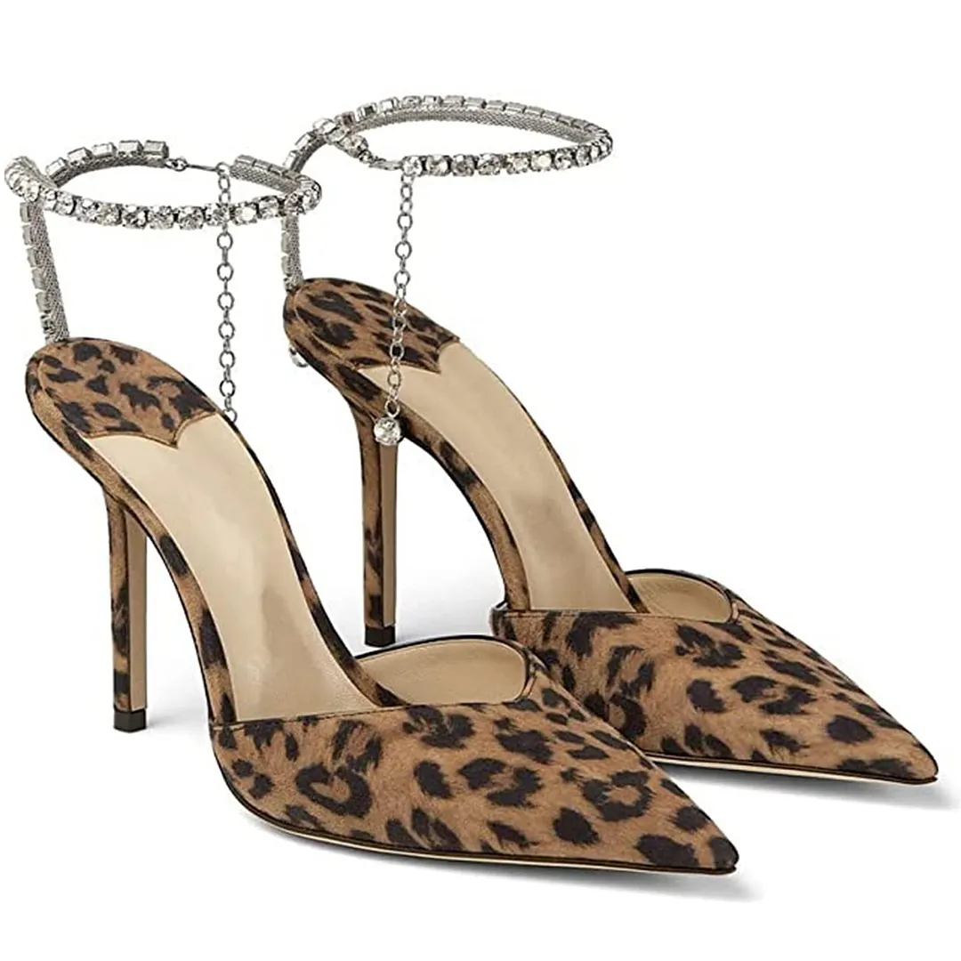 100mm Women's Sandals Crystal Chain Rhinestone Embellished Strap Suede Pumps Pointy Stilettos Backless Shoes-vocosishoes