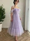 Lilac Lavender Purple Heart Print Tulle Prom Dress Sparkling Lovehearts Tea Length Ball Gown Thin Bow Ribbon Straps Off Shoulder Dresses