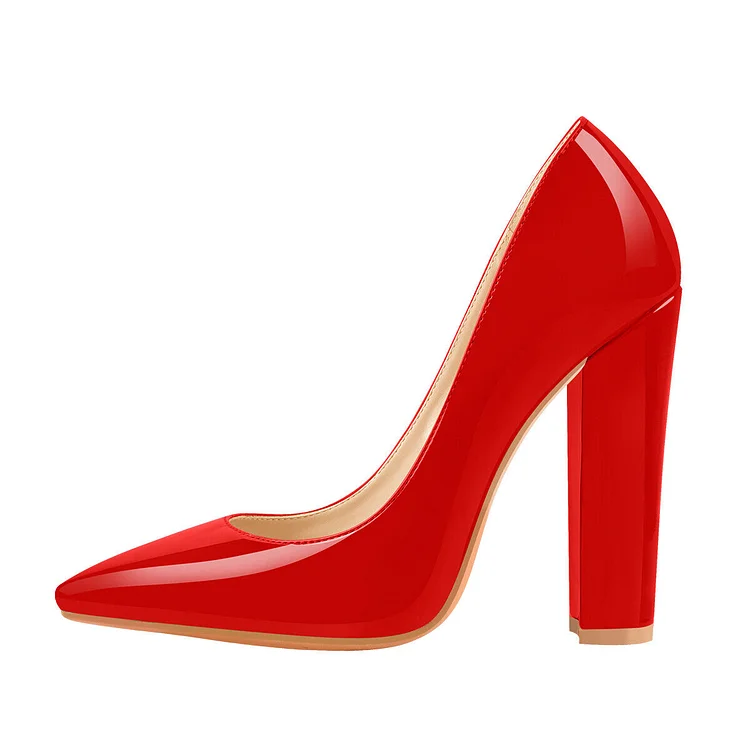 Custom Made Red Patent Leather Chunky Heel Pointed Toe Pumps for Women |FSJ Shoes