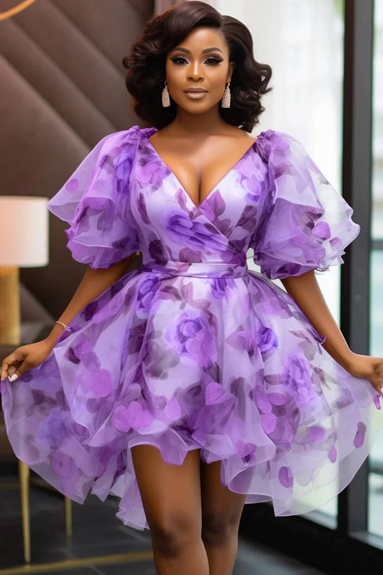 Xpluswear Design Plus Size Cocktail Party Pink Floral Wrap Neck Short Sleeve Irregular Hem Chiffon Mini Dresses 2024 - Xpluswear