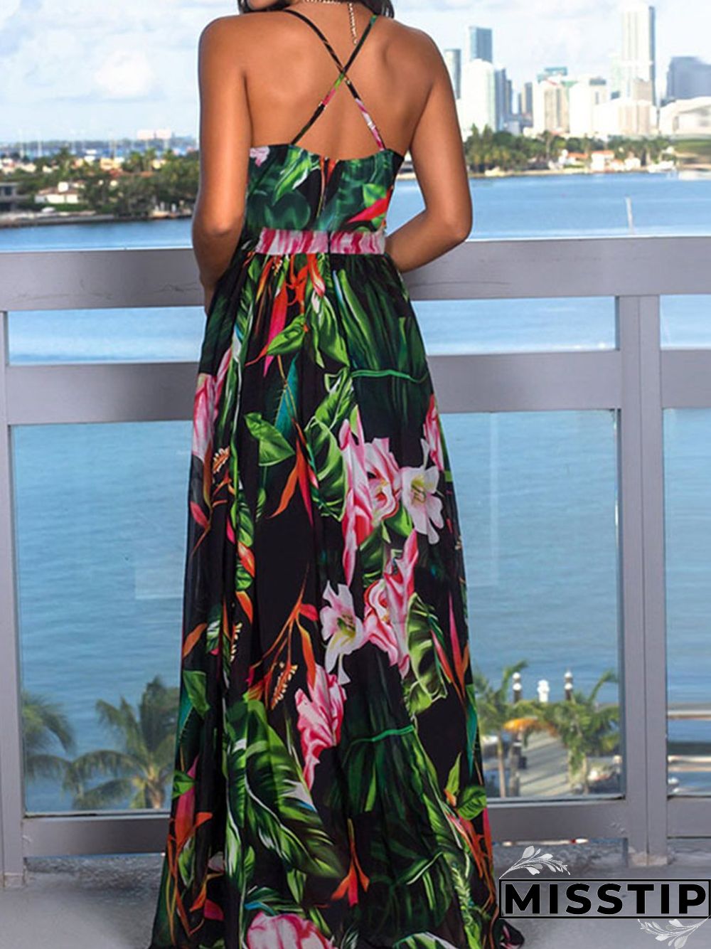 Beach Sling Leak Back Flower Print Maxi Dress P10165