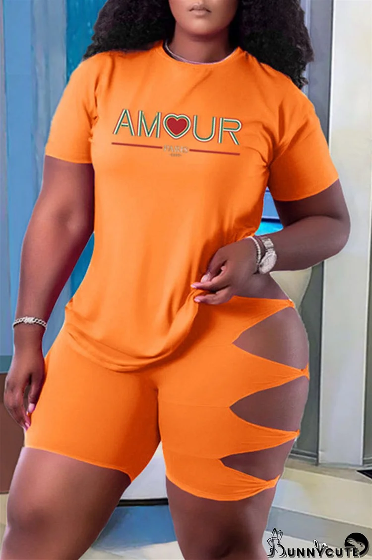Orange Fashion Casual Letter Print Ripped O Neck Plus Size Two Pieces