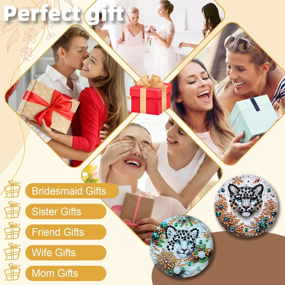 DIY Diamond Art Portable Cosmetic Mirror Round Diamond Painting Crafts (Tiger)