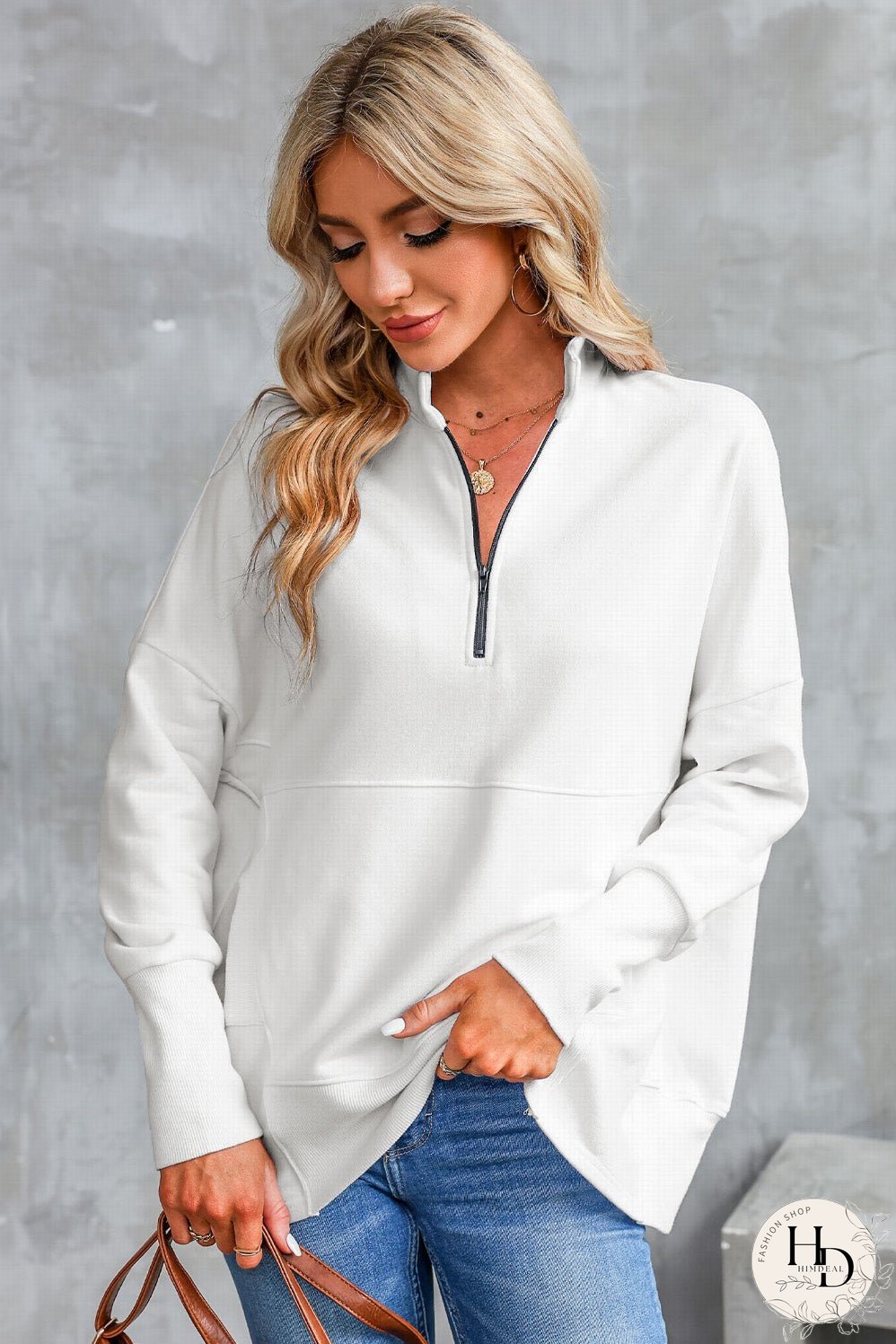 Cozy White Ribbed Pullover with Quarter-Zip Detail