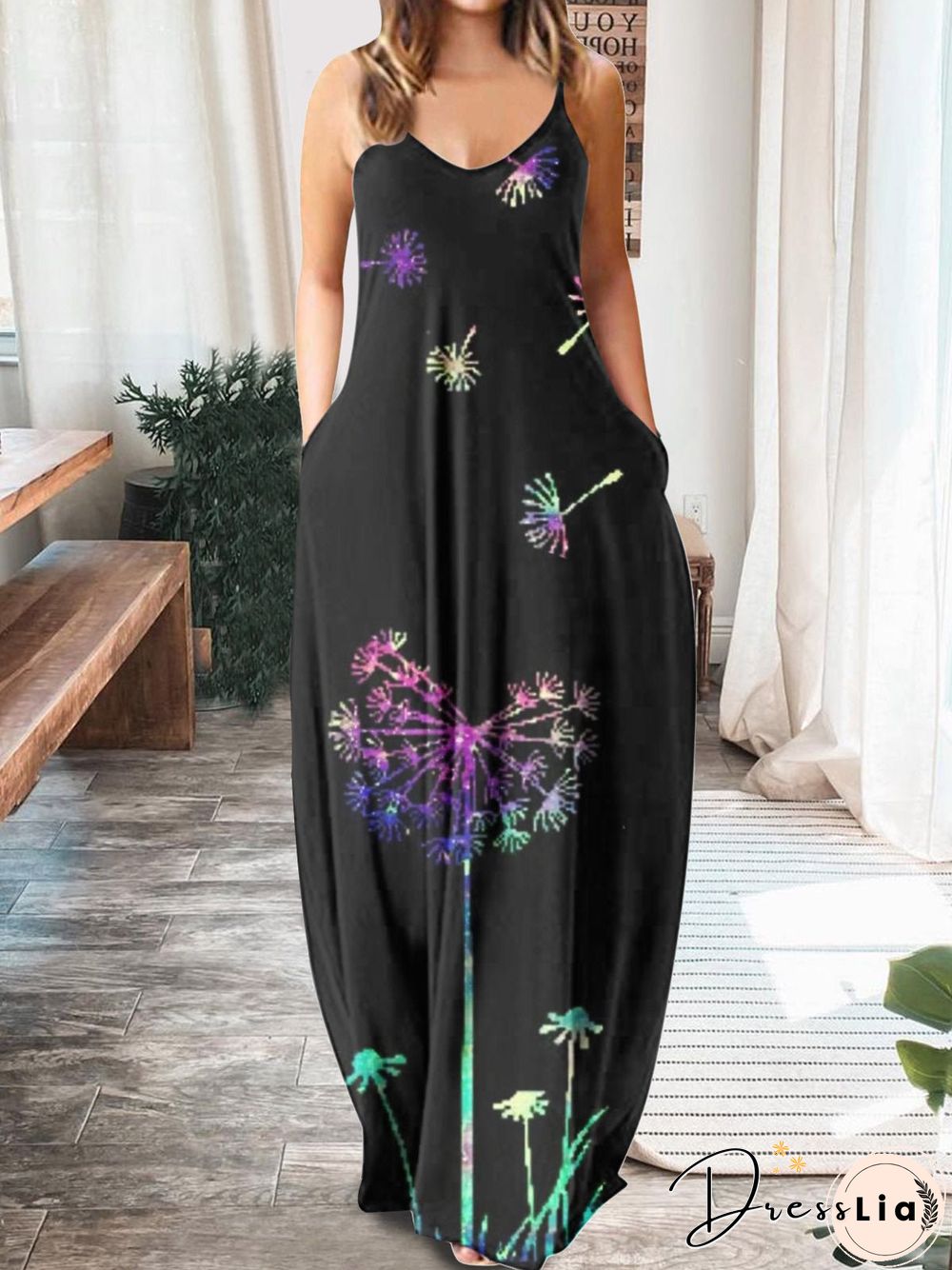 Women'S Dresses Printed V-Neck Sling Pocket Sleeveless Dress