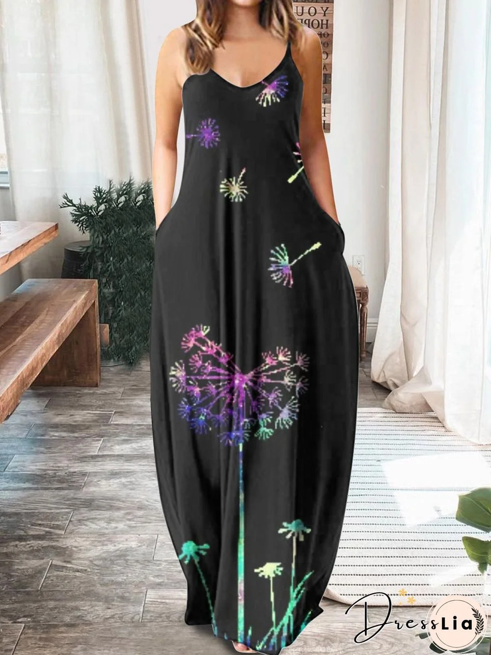 Women'S Dresses Printed V-Neck Sling Pocket Sleeveless Dress