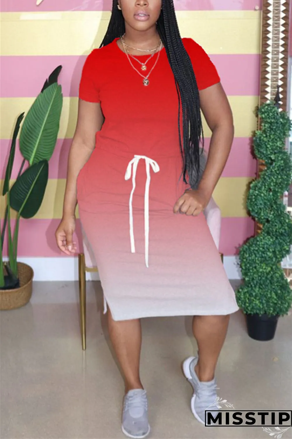 Orange Fashion Gradient Printed Short Sleeve Dress