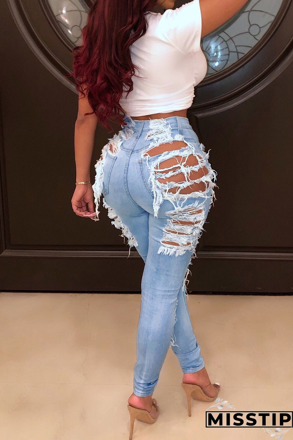 Dark Blue Denim Button Fly Sleeveless High Hole Solid Patchwork pencil Pants Pants