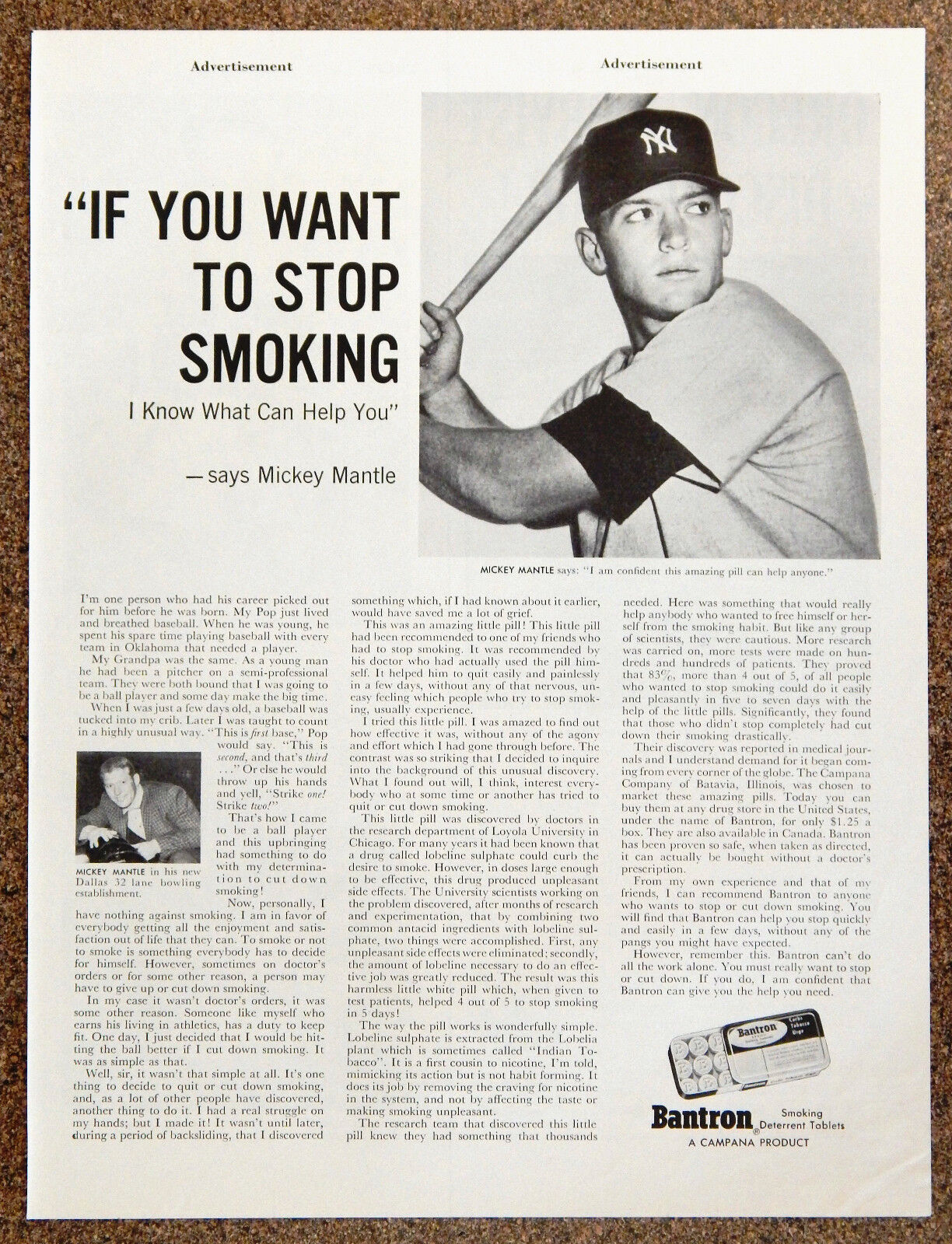 1959 MICKEY MANTLE YANKEES ORIGINAL Photo Poster painting AD IF YOU WANT TO STOP SMOKING BANTRON