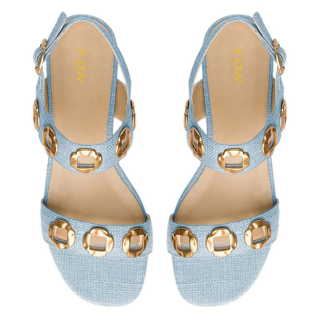 Fashion Blue Open Toe Ankle Strap Buckle Cut Out Low Heel Sandals