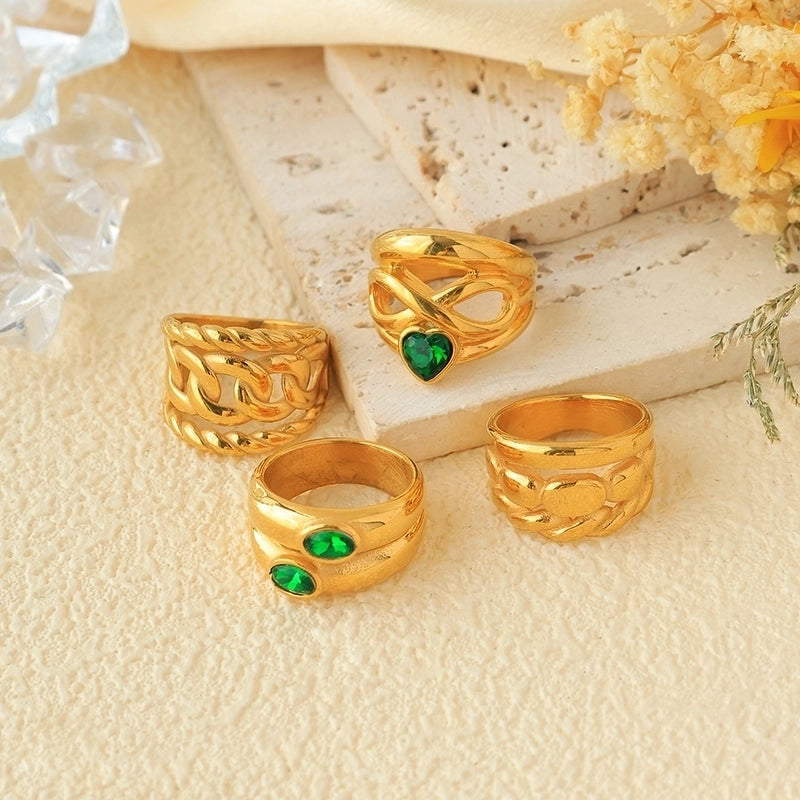 Vintage Style Modern Style Commute Heart Shape Twist 304 Stainless Steel Zircon 14K Gold Plated Plating Hollow Out Inlay Rings