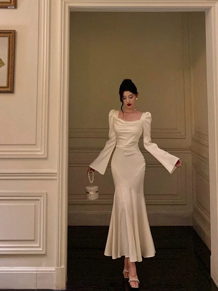 Aiertu - Classy Mermaid Square Neckline Long Sleeves Prom Dresses Birthday Outfits Evening Gown HOT1010 Aiertu
