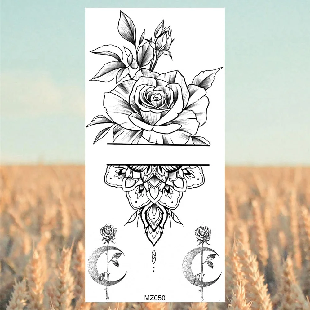 Black Lotus Pendant Temporary Tattoos For Women Adult Rose Flower Jewelry Fake Tattoo Fashion Calf Waterproof Half Sleeve Tatoos