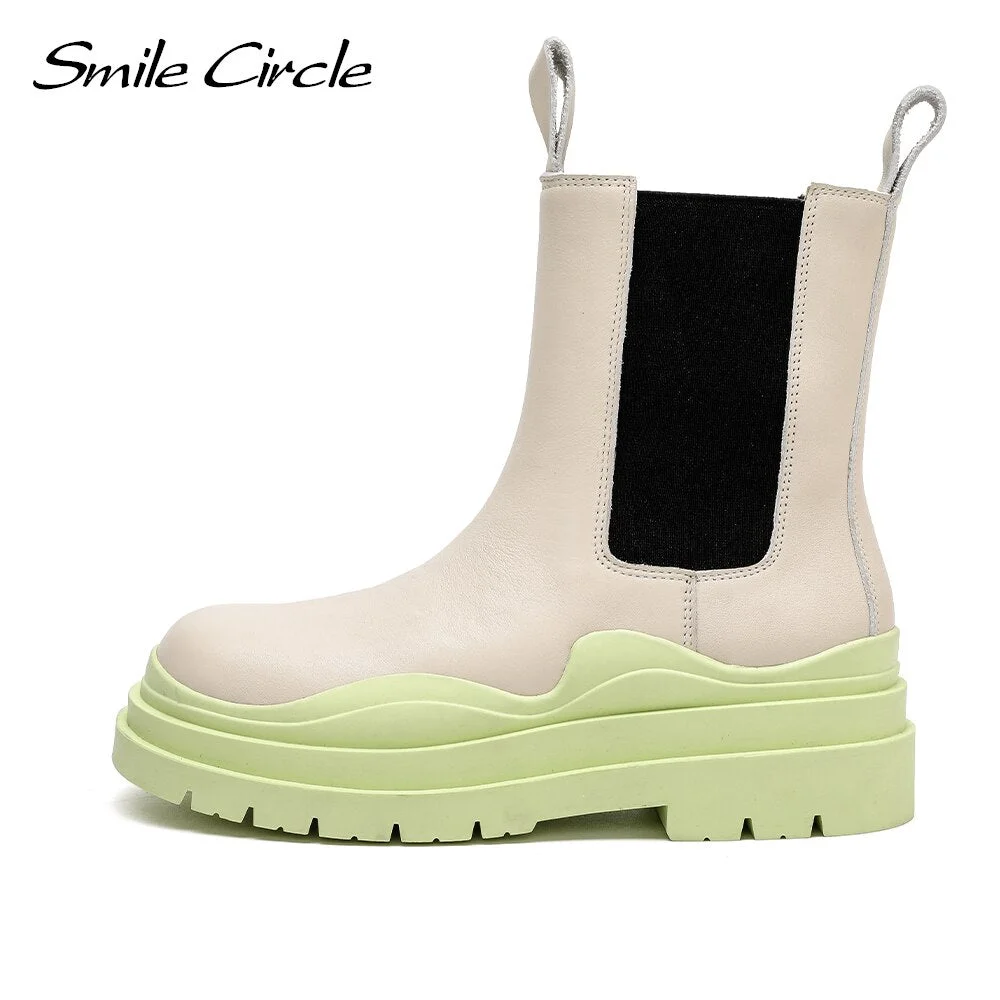Smile Circle Ankle Boots Women Flats Platform shoes Genuine Leather Fashion Thick bottom Ladies Short Boots 2021