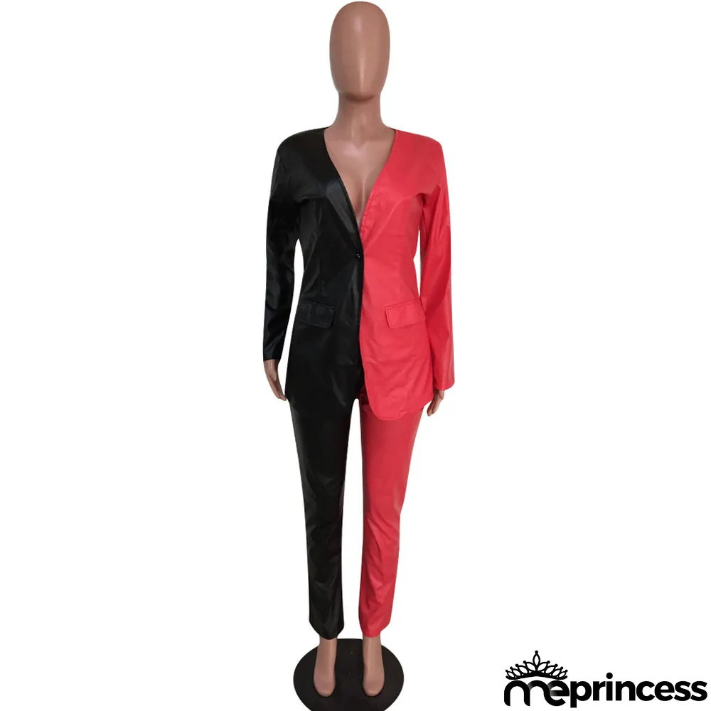 Fashion PU Soft Leather Suit Splicing Temperament Suit